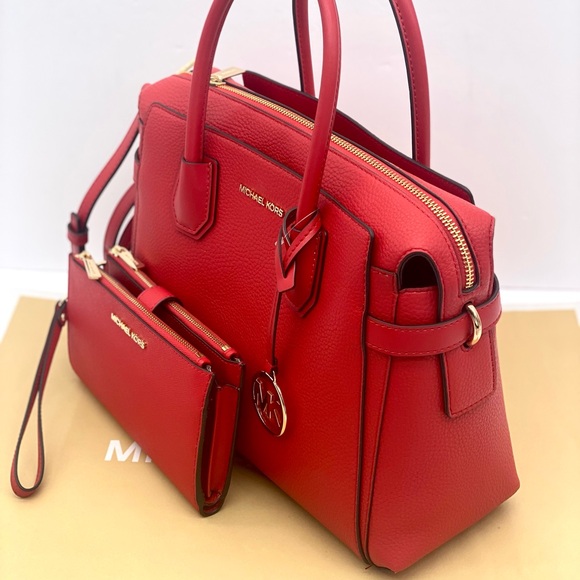 Michael Kors Mercer Medium Belted Satchel Crossbody And Wallet Set Bright Red - Picture 5 of 15